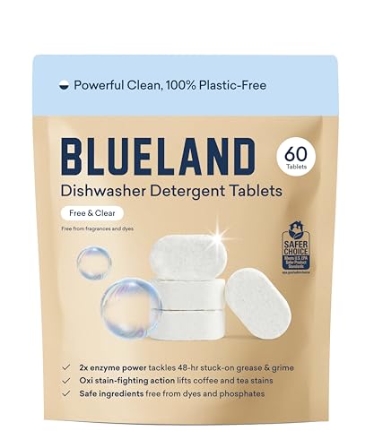 Comparison: Best Dishwashing Detergent For Hard Water 4 BLUELAND 100% Plastic-Free Dishwasher Detergent Tablets, 60 Count, Free & Clear, Eco-Friendly Dishwashing Pods, Natural, USDA Certified biobased