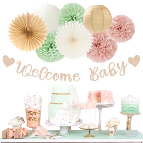 Image of Sage-Green Pink-Beige Baby-Shower Party-Decorations - 36pcs Welcome Home Banner Sign,Girl Paper Lanterns,Neutral Streamers Garland,Boho Tissue Pom Poms Flowers Fans Backdrop Decor Burgleda