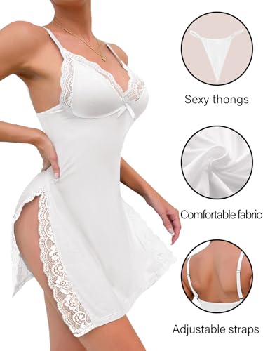 Image of Foxiny Sexy Split Side Floral Lace Trim Full Slip Night Gown Babydoll Lingerie Dress with Thong 2 piece