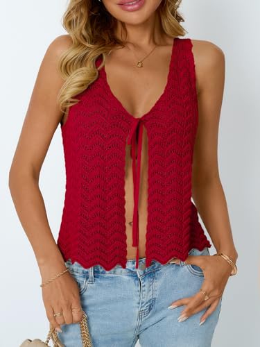 Image of LILLUSORY Crochet Tops for Women Summer Vacation Outfits Beach Coverup Going Out Tie Front Spring Sweater Vest 2026 Fashion