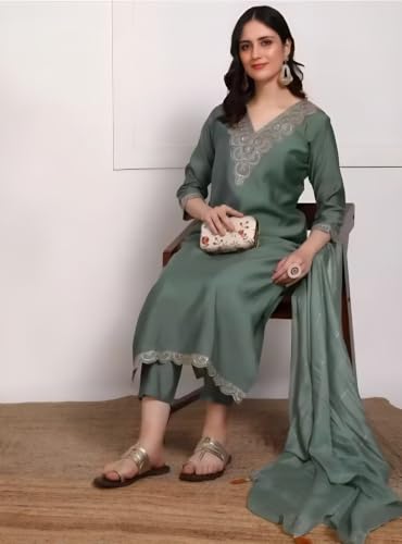 Image of Women's Viscose Rayon Embroidered Kurta Pant Set with Dupatta