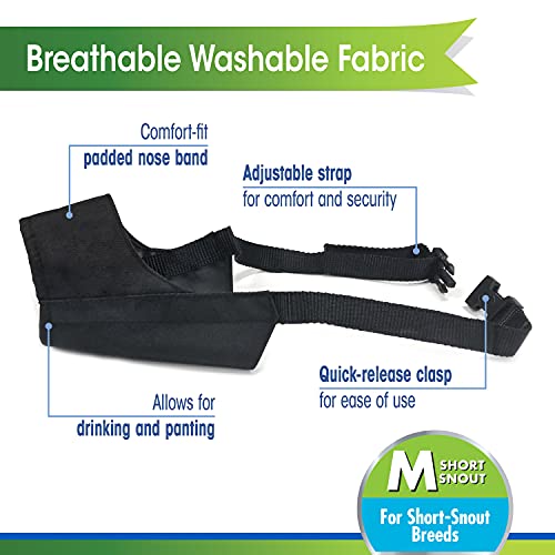 Image of Four Paws Walk-About Quick-Fit Short Snout Adjustable Dog Muzzle for Medium Dogs, Washable & Breathable, Black, 1 Count