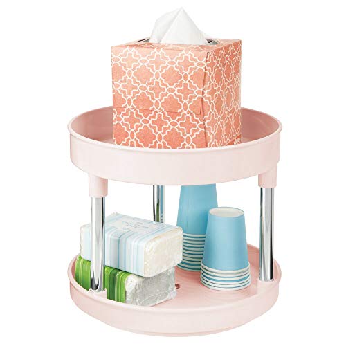 mDesign Plataforma giratoria redonda – Elegante organizador de maquillaje, lociones o medicamentos – Base giratoria con 2 niveles en baños y cocinas – rosa y plateado