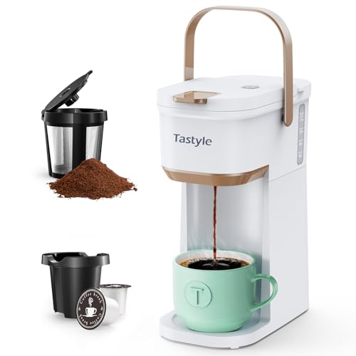 Image of Tastyle Single Serve One Cup Coffee Maker, for K Cups and Grounds, Mini Coffee Maker with Portable Handle, 6 to 12 Oz Brew Size, for Travel, Camping, Office, RV and Dorm, 120V, White and Brown