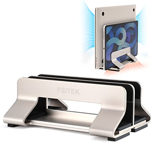 Psitek Aluminium Dual Vertikaler Laptopständer Dockhalter, Unterstützt 2 Geräte, Verstellbare Schlitzbreite 12-36mm, Platzsparende Aufrechte Lagerung für MacBook und Laptops