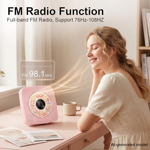 Image of Gueray Portable CD Player Bluetooth: CD Players for Home Rechargeable Desktop Wall Portable CD Player with Bluetooth & Dual Speakers 1800mAh Boombox FM Radio MP3 Music Player (Pink)