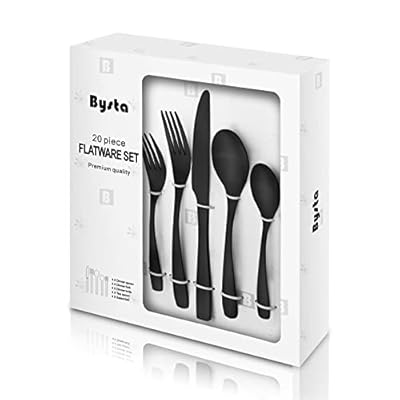 Matte Black Silverware Set, Bysta 20-Piece Stainless Steel Flatware Cutlery Set for 4, Satin Finish, Dishwasher Safe, Nice Box Package