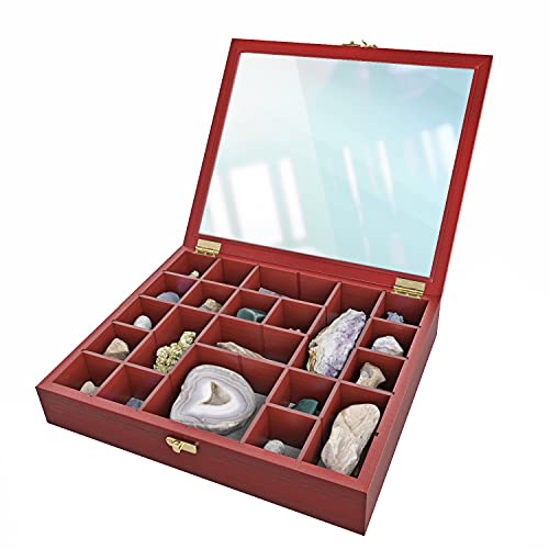 SmartyPlans Adjustable Rock Display Case â€“ 15 x 12.5 x 3 in. Rock Collection Box with Linen Bed for Rock and Mineral Display â€“ Dark-Finish Rock Box for Storing Collectibles, Gemstones and Crystals
