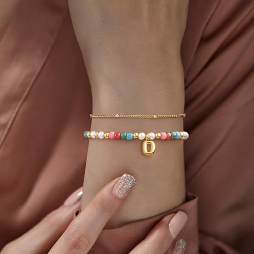 Colourful Beaded Initial Bracelets for Women Dainty Double Layered 14k Gold Bracelets for Women Non Tarnish with Letter Teen Girl Gifts Trendy Stuff Mom Sister Birthday Gifts Bubble Summer Jewelry4