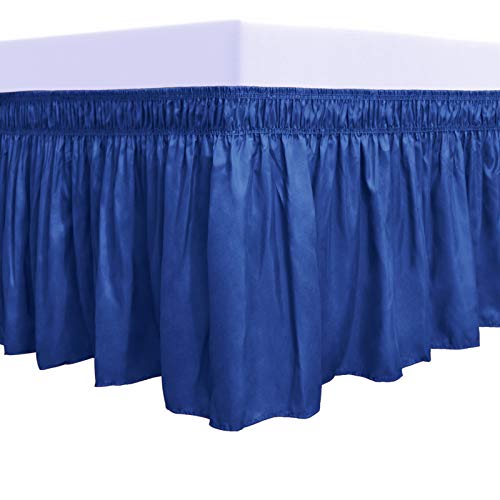 PureFit Wrap Around Ruffled Bed Skirt with Adjustable Elastic Belt - 18 Inch Drop Easy to Put On, Wrinkle Free Bedskirt Dust Ruffles, Bed Frame Cover for Twin, Twin XL and Full Size Bed, Classic Blue