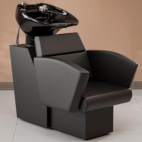 OKAKOPA Shampoo Bowl and Chair Set for Salon, Backwash Hair Washing Station with Tilting Ceramic Sink, Barber Hair Washing Unit for Hairstylist