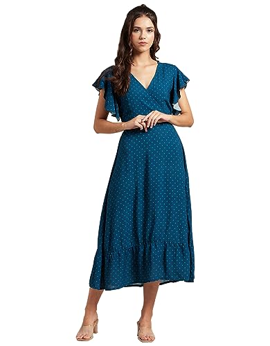 Image of Moomaya Women's Printed Dress, V-Neck, Short Sleeves, Ruffled Midi Summer Dress