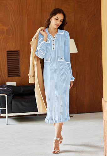 Pink Queen Sweater Dress For Women 2024 Long Sleeve High Waist Fall Work Dress Half Button V Neck Slim Bodycon Midi Pencil Dress Outfits Light Blue S thumb #2