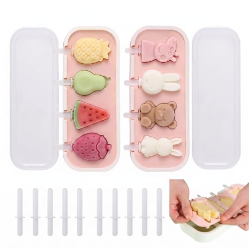 2 Pcs Moldes Helados Silicona con Tapa y 12 Palos Reutilizables, Molde Helado de 8 Cavidades para Niños y Bebés, Sin BPA, Moldes para Helados Caseros, Polos y Postres, Rosa y Blanco