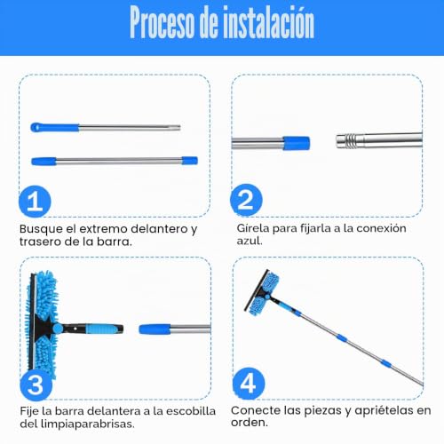 Miniatura 4 de Limpiacristales Telescopico, 4,25m Kit De Limpieza De Cristal Limpiador Cristales, 180 Ajustable Limpia Cristales, Palo Extensible Limpieza, Para Caravanas Y Espejos, Azul