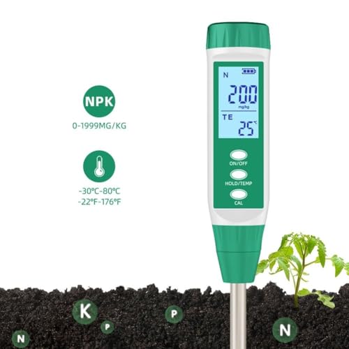 Probador digital NPK de suelo, analizador de nitrógeno y fósforo y potasio con retroiluminación LCD y sensor de temperatura para monitoreo preciso de la salud de las plantas de jardinería y