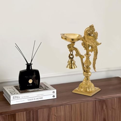 Image of Brass Peacock Decorative Diya with Traditional Bell Antique Deepak Design, Table Decor with Stand, Home Diwali Gift, Temple Pooja, Gold Colour (20X12.5X8cm) | 687 gram