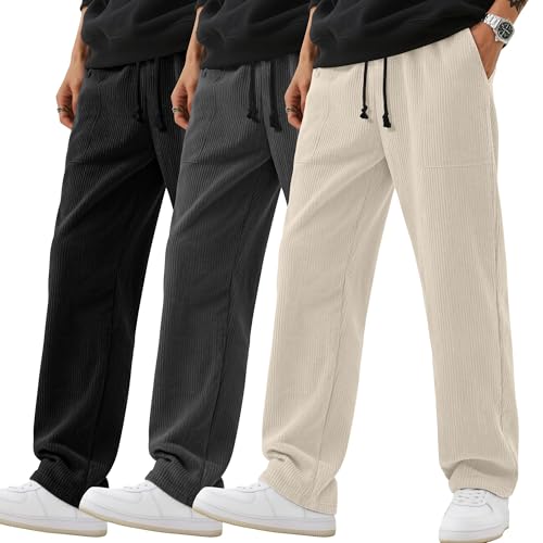 3 Pack Men's Corduroy Pants Baggy Casual Sweatpants Straight Leg Drawstring Elastic Waist Pockets Cargo Joggers