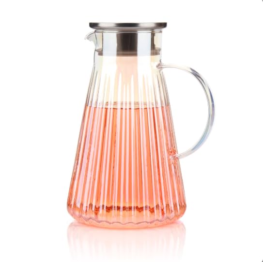 Borosilikat Cam Sürahi, Lüster Boyamalı, Metal Kapaklı, 1.8L Kapasiteli, Dalgalı Konik Form, Ergonomik Kulplu, Şeffaf, Sıcağa Dayanıklı, Modern Tasarım