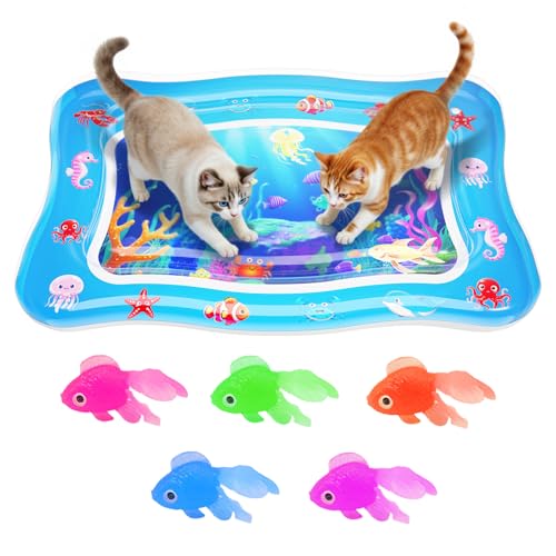 Cat Water Mat - Interactive Cat Toys Upgraded Thickened 0.7mm PVC Cooling & Heating Water Bed with Floating Fish Anti-Scratch Leak Proof Foldable Water Sensor Play Mat for indoor/Outdoor Cats