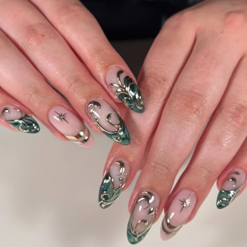 Image of Teal Press on Nails with Silver Swirl Design Medium Almond Fake Nails Star Stick on Nail Glossy Full Cover for Women Manicure 24Pcs