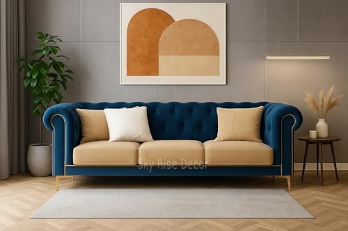 Image of Modern Classic 3 Seater Sofa Couch Fabric & Valvet Tufted Chesterfield Sofa Living Room and Office (Blue & Beige 3 Seater) | Premium Material, Easy Maintenance, Spacious Seating