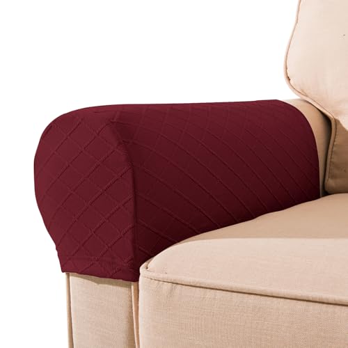 FUAAOLIY 1 Pair Armrest Covers, Diamond Stretch Couch Arm Covers, Anti-Slip Armrest Covers with Nails Washable Sofa Chair Arm Covers Anti-Scratch Polyester Furniture Slipcovers for Sofa (Wine Red)