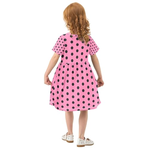 Polka Dots Pink Black Girls Short Sleeve Dress Summer Fashion A-line Skater Dresses3