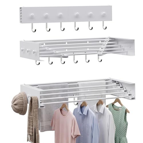 CEHIFIA Collapsible Laundry Drying Rack Wall Mounted - 31.5 Inch Metal Clothing Drying Rack with 6+6 Hooks, Retractable Foldable Dryer Racks for Laundry Drying Indoor, Heavy Duty Towel & Coat Hanger