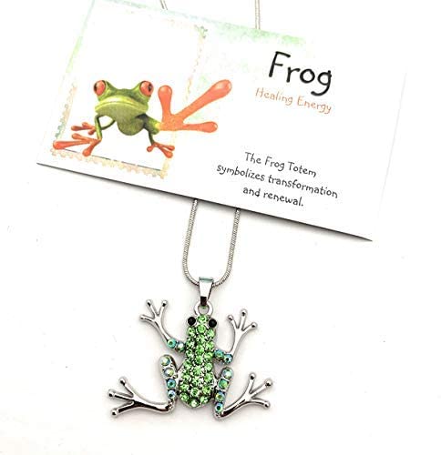 Smiling Wisdom - Frog Totem Spirit Animal Guide Keepsake Card and Green Crystal Necklace Gift Set for Women - Green Frog