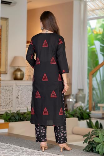 Image of PARTHVI Women's Pure Cotton Printed Straight Kurta Set with Palazzo Pants & Dupatta- Ethnic Wear, Black
