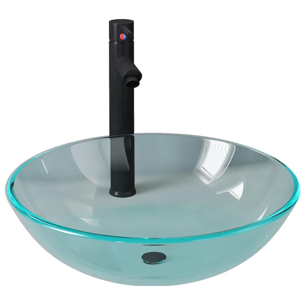 Rundes Waschbecken aus gehärtetem Glas mit Wasserhahn und Pop-up Ablaufgarnitur, transparentes Glasbecken für Badezimmer, 42 cm Durchmesser