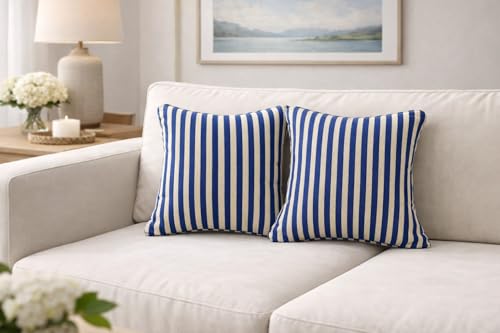 Image of 100% Cotton - Royal Blue Stripes Cushion Covers Set of 1 (16 x 16 inches) - Cushion Covers for Sofa & Living Room Decor