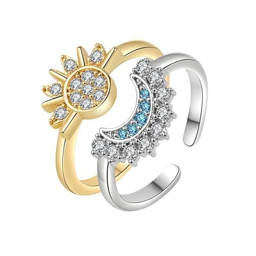 Boho Sun and Moon Couple Rings Crystal Moon Rings Couple Open Rings Engagement Finger Rings Adjustable Crescent Anniversary Rings Wedding Band Ring Jewelry for Women3