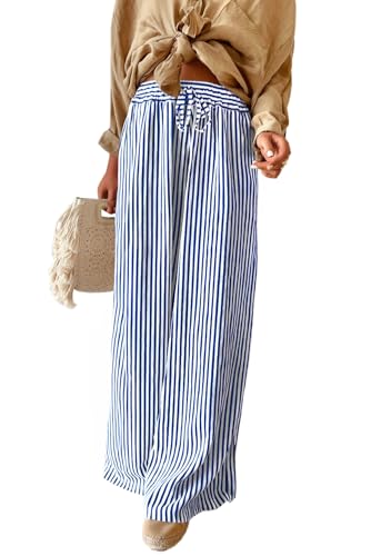 Image of Acelitt Women Casual Drawstring Elastic Waist Striped Wide Leg Pants with Pockets, S-XXL