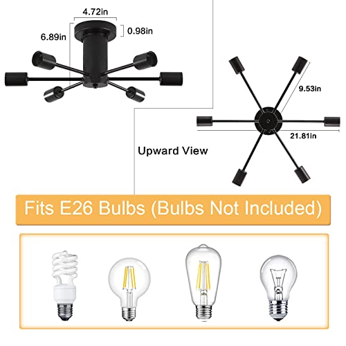 LJHhowe Semi Flush Mount Ceiling Lamp Black 6 Lights Sputnik Chandeliers E26 Base Mid Century Ceiling Light Fixture Modern Chandelier for Dining Room, Foyer, Kitchen, Bedroom, Living Room - Image 3