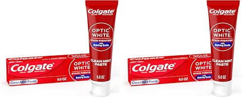 Image of Colgate Optic White Stain Fighter Toothpaste with Baking Soda, Fluoride Toothpaste with Baking Soda for Whitening Teeth, Helps Remove Daily Surface Stains, Clean Mint Paste, 6.0 oz (Pack of 2)