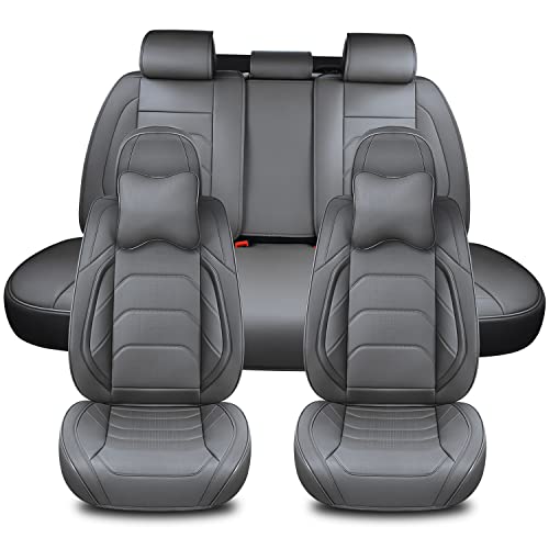 TIEHESYT Conjunto completo de capas de assento de carro cinza, capas de assento dianteiras e traseiras de couro respirável e encosto de cabeça para reduzir a fadiga ao dirigir, compatível com a