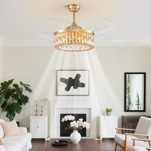 Image of Siljoy 48'' Modern Gold Caged Crystal Ceiling Fan with Lights and Remote