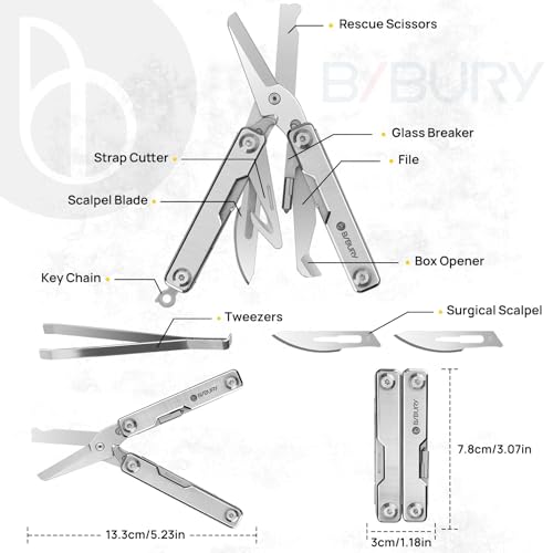 Image of BIBURY Mini Multitool BI2052A, 8 in 1 Keychain EDC Scissors w /Window Breaker, Seat Belt Cutter, Bottle Opener for Outdoor Survival, Multi Tool Cool Gadget TSA Approved, Gift for Men Women
