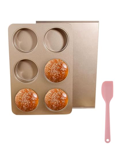 Image of HOMOMSAE Muffin Top Pan for Baking with Lid 3.7inch Jumbo Size, 6 Cup Straight Side Professional English Muffin Cupcake Pan, Non-Stick Hamburger Bread Forms - Stainless Steel, Gold