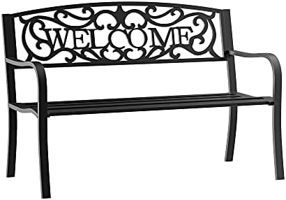 Outsunny 50" 2-Person Garden Bench Loveseat with Cast Iron Decorative Welcome Vines, Outdoor Patio Bench for Backyard, Porch, Entryway
