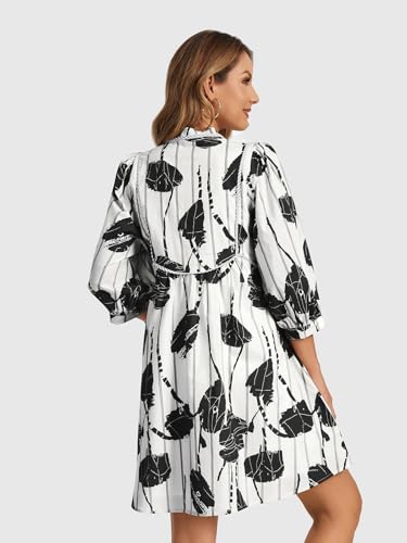 Image of EZAPINE Women Floral Babydoll Mini Dress V Neck 3 /4 Puff Sleeves A Line Flowy Swing Summer Sun Dresses