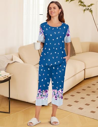 Image of Ekouaer Women's Two Piece Lounge Set Short Sleeve Shirt and Capri Pants Mumu Pajama with Pockets Loungewear Pjs Sets