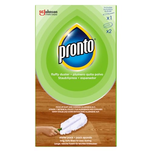 Pronto Plumero Quita Polvo y Recambios, Atrapa y Retiene el Polvo y los Alérgenos, Fibras Largas y Mullidas, Limpieza Más Facil 1 Plumero + 2 recambios