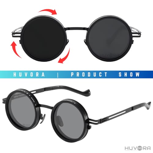 Image of Adjustable Tint Rotating Polarized Round Sunglasses for Men Stylish, Anti Glare Lenses 1-11 Gear UV400 Protection Metal Goggles for Driving Beach Retro Branded Sun Glasses