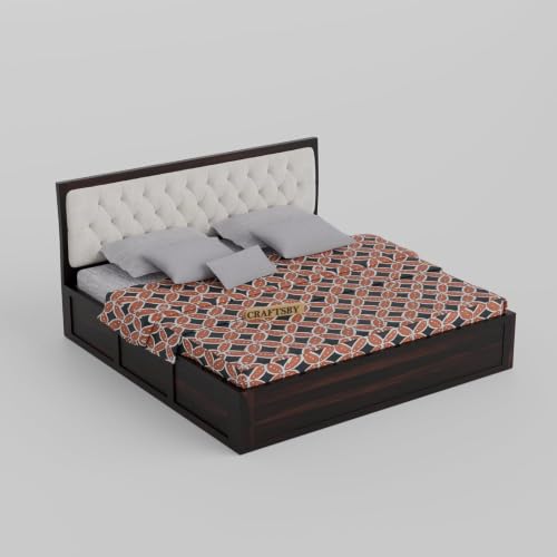 Image of Solid Sheesham Wood King Size Bed with Box Storage | White Upholstered Cushion Headboard | Wooden Double Bed for Bedroom | Palang /Cot /Mancham, Walnut Finish