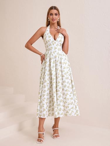Image of Parthea Women's Gingham Halter V Neck Midi Dress Corset Smocked Sundress Flowy A Line Wedding Guest Dresses