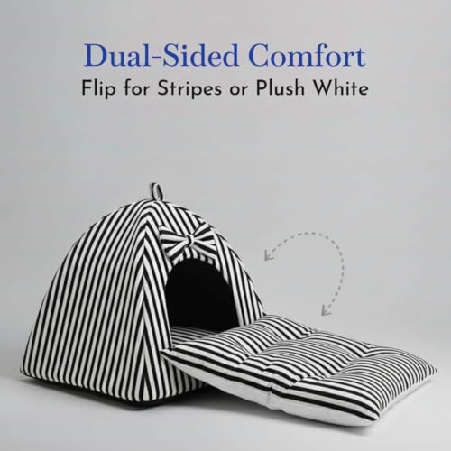 Image of PETS EMPIRE Soft Cozy Pet Hut Bed for Cats, Kittens & Puppies - Comfortable Fabric, Indoor Sleeping Bed, White & Black Stripes