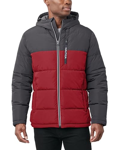 Image of Nautica Men's Midweight Quilted Faux Memory Puffer Jacket -Adjustable Hood Insulated Winter Coat